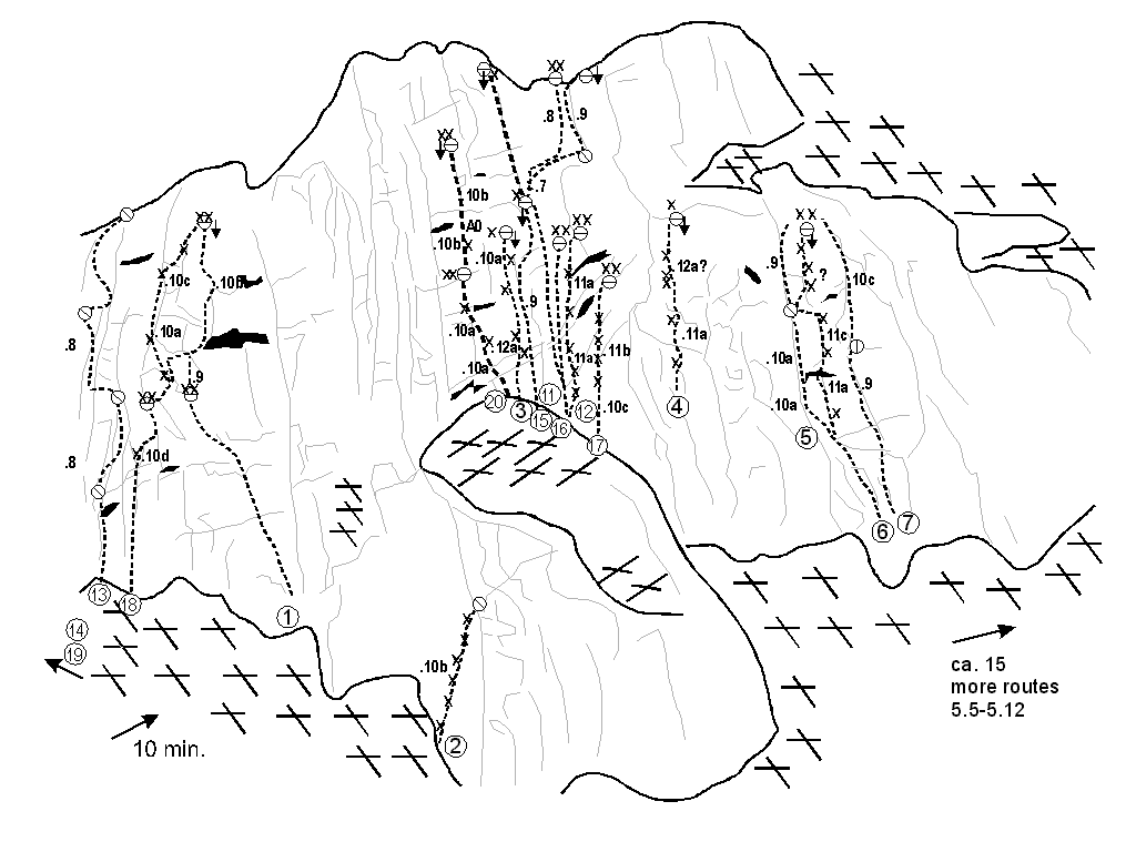 Escalada en el acantilado derecho
de Las Melosas, dibujo: M.Waldhoer